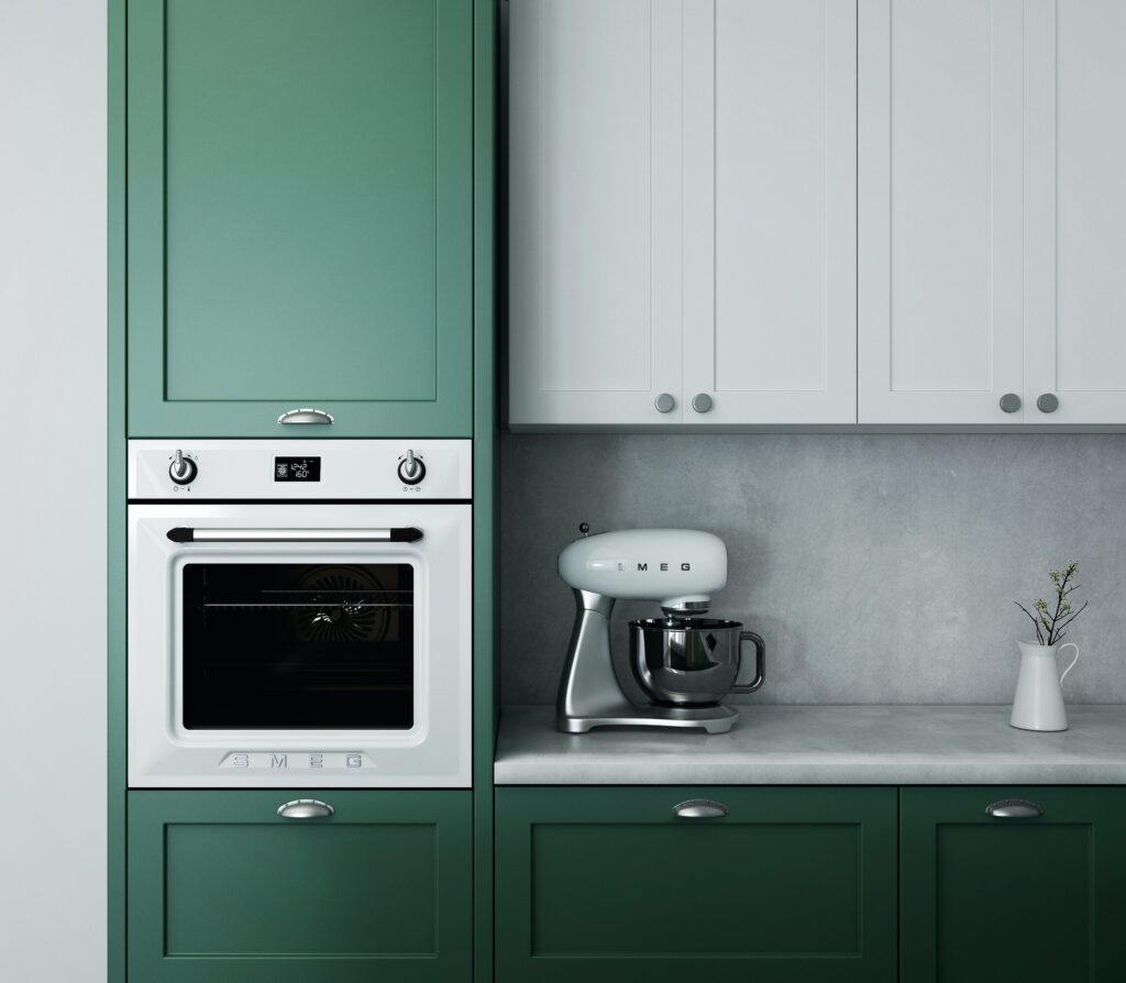 A two toned colored kitchen design.