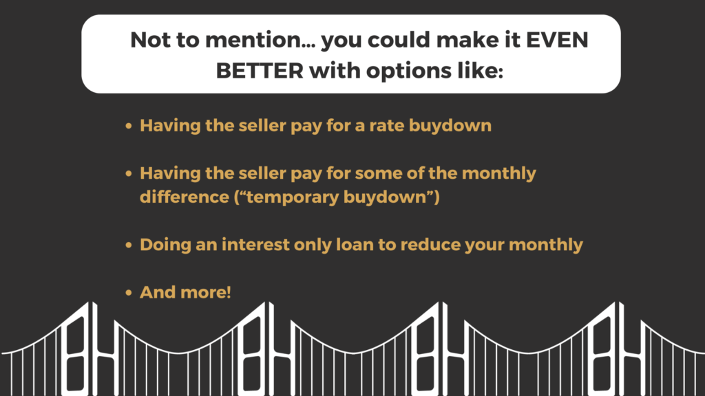 not to mention... you could make it even better with options like: (1) Having the seller pay for a rate buydown (2) Having the seller pay for some of the monthly difference or a temporary buydown (3) doing an interest only loan to reduce your monthly, and more